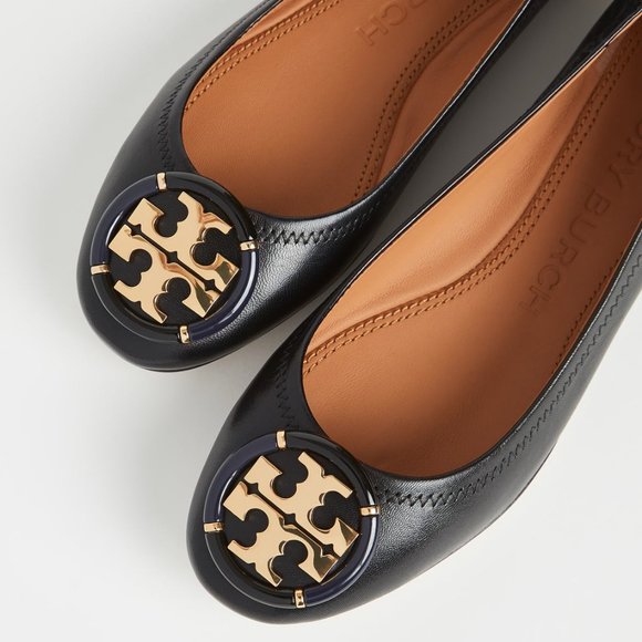 Tory Burch Enamel Logo Leather Ballet Flats Perfect Black Gold Heel Details - Picture 7 of 15